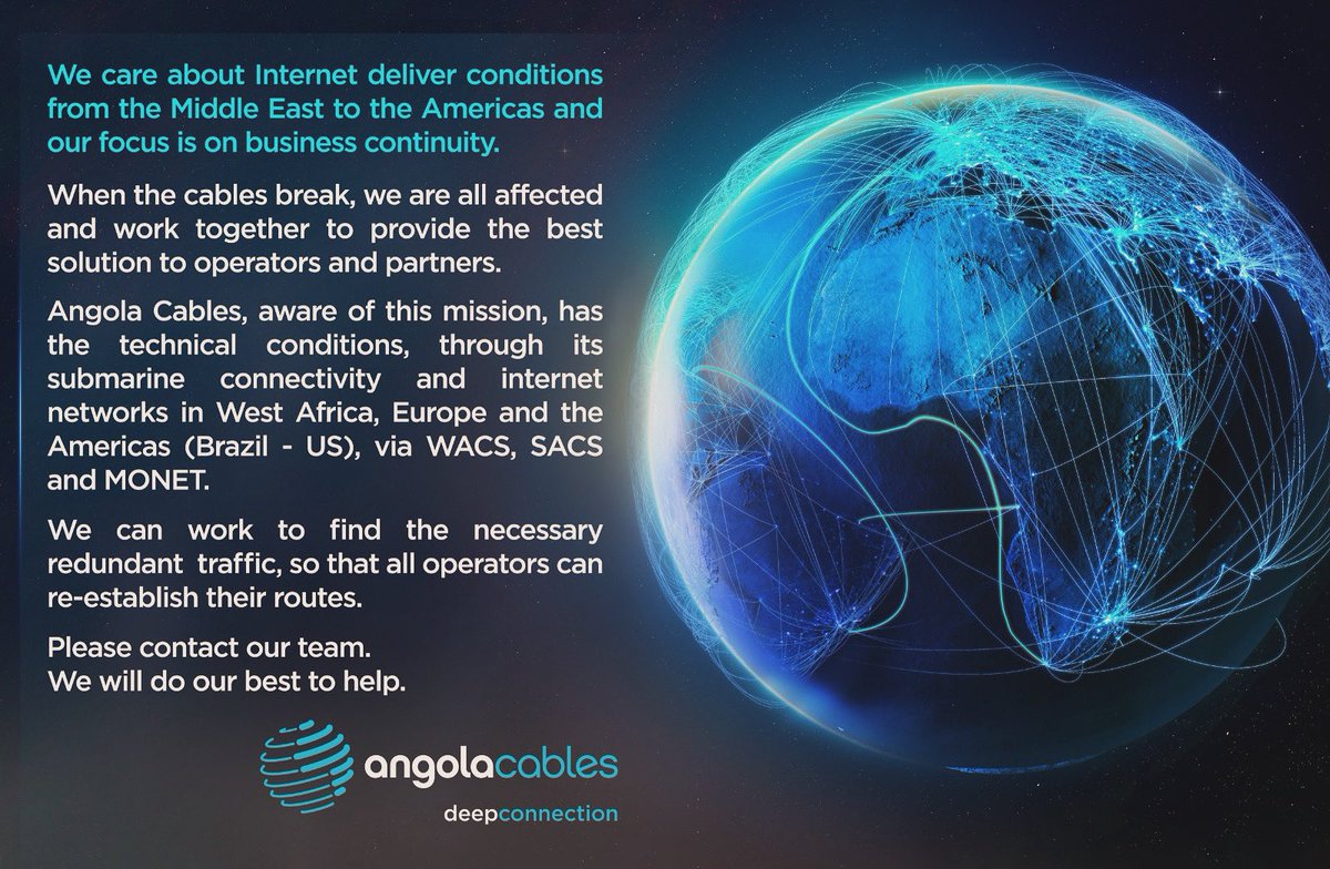 telcablesng's tweet photo. Service outage in subsea cable system reported in the Red Sea may impact internet service, we are paying attention to help in any way possible. Reach out to us ( https://t.co/R6axRkLQ64) for any need to restore your network to the Americas and Europe via West Africa. https://t.co/CjostzrGaR