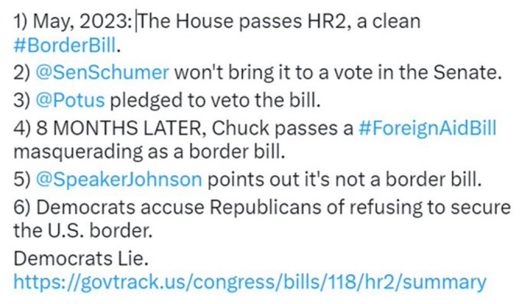 TamiP111's tweet photo. @SenDuckworth Stop gaslighting the American people! .@HouseGOP passed a clean HR2 #BorderBill and @SenSchumer refuses to bring it to the Senate floor for a vote! Schumer gets the #ForeignAidBill passed but it has nothing to due with America’s Border‼️ #DemocratsLie #DemocratsAreTraitors https://t.co/owt5n0smm4