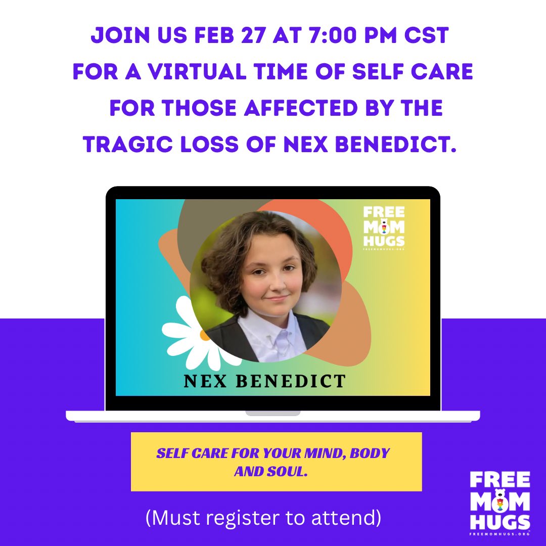 Join us tomorrow night. Especially after a heavy weekend of vigils honoring #NexBenedict our hearts are concerned about you and we want to check in and give you a safe space to get filled back up. Please register with the following link: forms.gle/ScYveKZJepN5qe… #FreeMomHugs