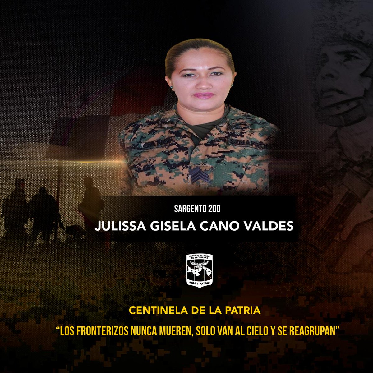 Con profundo pesar, compartimos la triste noticia del fallecimiento de nuestra unidad, la Sargento 2do. Julissa Gisela Cano Valdes.

Enviamos nuestras más sinceras condolencias a sus familiares, amigos y compañeros en estos momentos difíciles. Que Dios les conceda paz y consuelo.