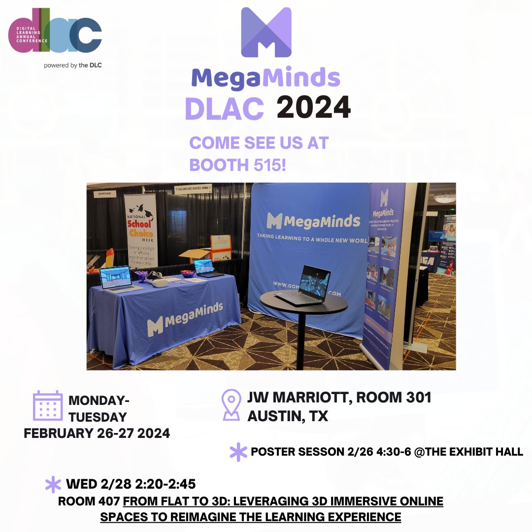 '🌟 Say to hi to MegaMinds at #DLAC2024. Swing by booth #515 for demos and discussion. See you there!  #DLAC  #digitallearning #edtech #innovationineducation #k12online #k12
