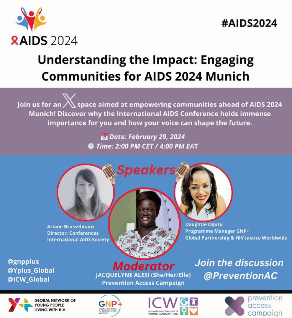 How will ensure #communitiesfirst at the International AIDS Conference #AIDS2024 coming up this July in Munich? 

Join <a href="/iasociety/">IAS - the International AIDS Society</a> <a href="/gnpplus/">GNP+</a> <a href="/Yplus_Global/">Y+ Global</a> @ICW_Global for our collaborative X space here on 29 February for a chat about why #AIDS2024 is important for communities &amp; how