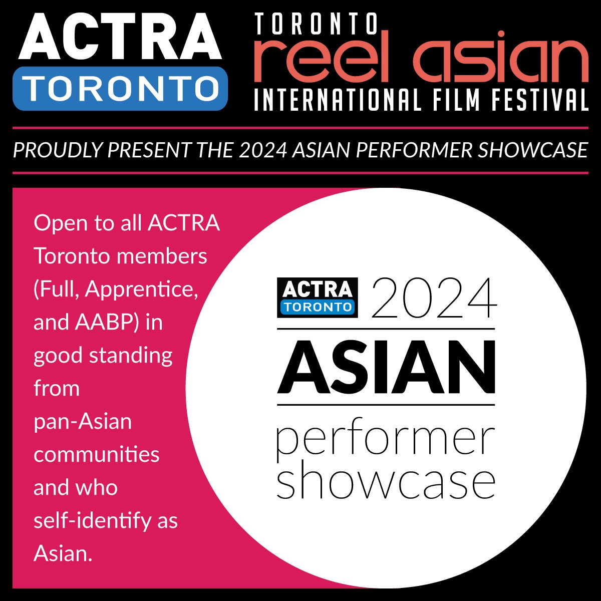 We are excited to announce <a href="/ACTRAToronto/">ACTRA Toronto</a>'s Asian Performer Showcase, in partnership with <a href="/reelasian/">Toronto Reel Asian International Film Festival</a> &amp; the Casting Directors Society of Canada (CDC).

This opportunity is open to all ACTRA Toronto Members in good standing.

Learn more about &amp; apply: actratoronto.com/committees/div…