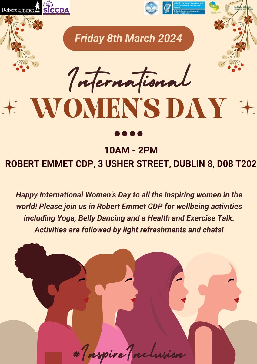 🌟Celebrate International Women's Day with us!🌟 Join Robert Emmet CDP on Friday on 8th March for Yoga, Belly Dancing, Health Talks and more. Light refreshments included! #InternationalWomensDay #InspireInclusion