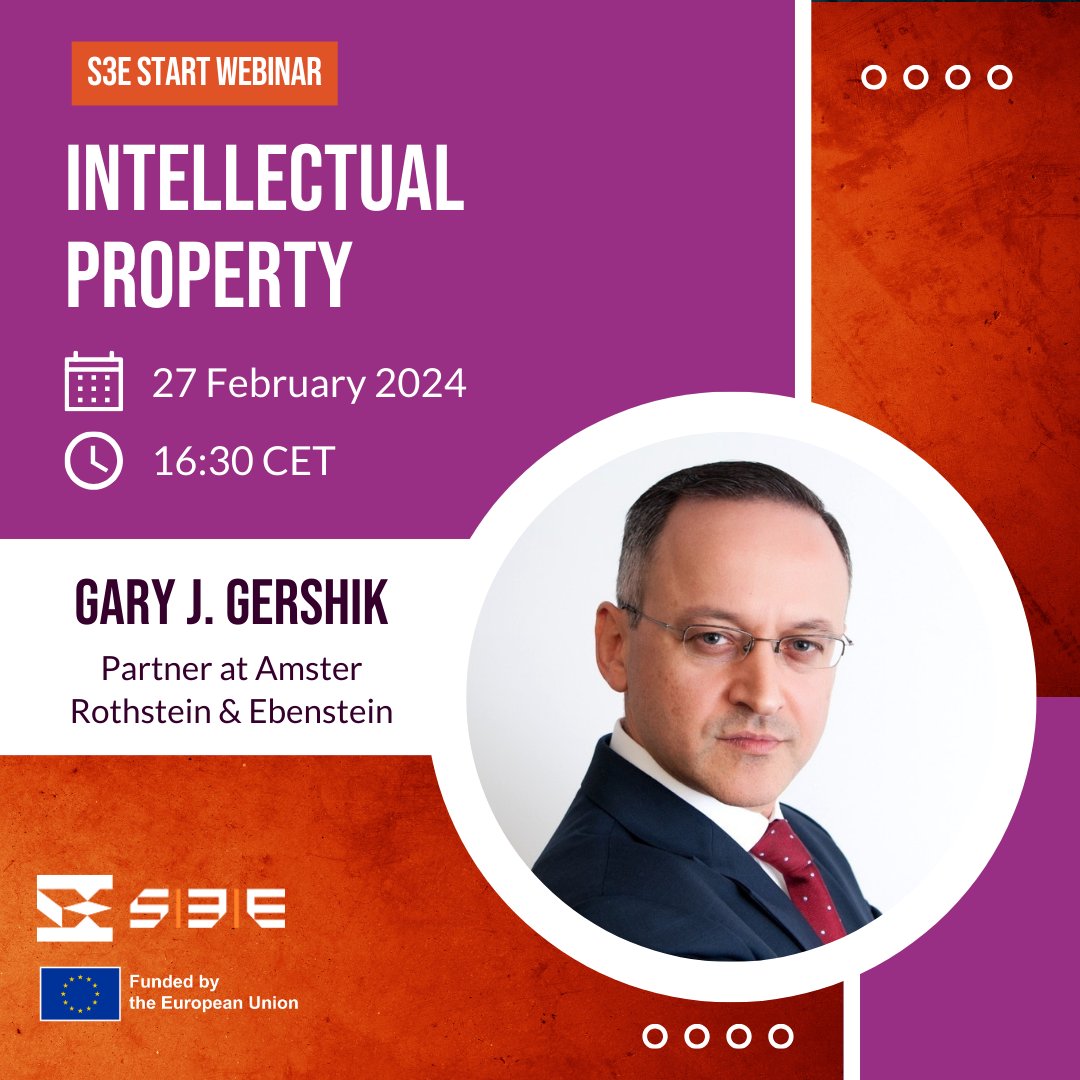 #S3EStart Webinars for Deep Tech projects 💡 Intellectual Property 📅 27 February - 16:30 CET 🗣️ Gary J. Gershik, Partner at @AmsterRothstein Part of the S3E Start program for research teams in Southern Europe 🚀 south3e.eu/2024/01/28/s3e… 🇪🇺 #EUfunded by @EU_EISMEA