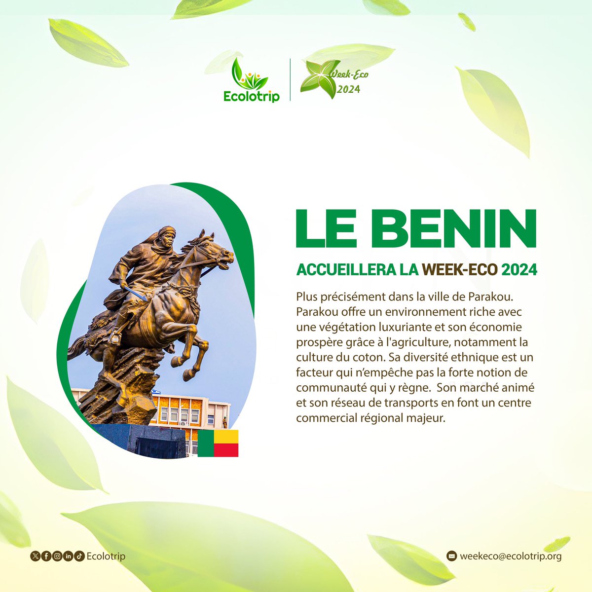 C’est le pays des amazones qui nous accueille cette année et la magnifique ville de parakou verra la 6 édition du rendez-vous des écolos prendre son envol. 

Rendez-vous donc très bientôt au Bénin 😉
.
.
.
#Ecolotrip #Weekeco2024 #WE2024