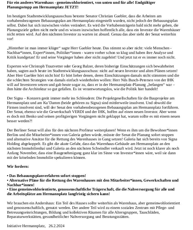 Heute war  der insolvente Immobilien-Konzern #Signa Thema in einem Ausschuß des Abgeordnetenhauses Berlin. Der Senat will immer noch keine richtigen  Konsequenzen ziehen. Dazu nimmt die Initiative #Hermannplatz in #Neukölln Stellung :