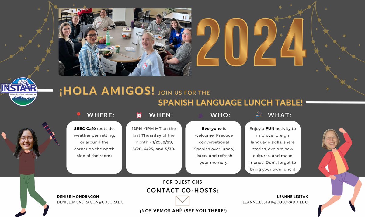 ¡Hola amigos!  👋🏾 Join the Spanish Language Lunch Table this Thursday, leap day, Feb 29th at 12pm in the SEEC Café.  We'll have lots of fun while practicing our vocabulary, grammar, &amp; listening skills. All welcome. 
Cohosts: <a href="/DennyMondragon/">Denise Mondragon (she/her)</a> &amp; <a href="/lestak/">Leanne Lestak</a>
Info: buff.ly/47Azjsy