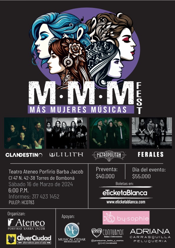 El 16 de marzo a las 6:00PM en el <a href="/ateneomedellin/">Corporación Ateneo Porfirio Barba Jacob</a> estaremos en el <a href="/MMM_Fest/">M.M.M. Fest (Más Mujeres Músicas Fest)</a> con <a href="/ClandestinoMde/">Clandestino</a> <a href="/MetropolitanMDE/">Metropolitan</a> <a href="/FERALESMUSICA/">Ferales Musica</a> 

Evento para todas las edades. Pueden comprar su entrada en preventa en eticketablanca.com/evento/mas-muj…
Les esperamos!