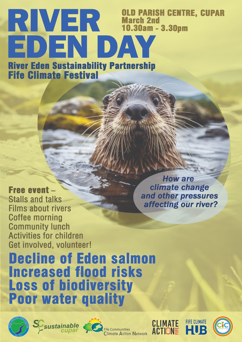 This coming Saturday is River Eden Day! Sustainable Cupar have organised a fun-packed, important event in Cupar including talks, creative activities for children, a free buffet lunch, a film, music, a surprise event from Bell Baxter High School... and more!! #fifeclimatefestival