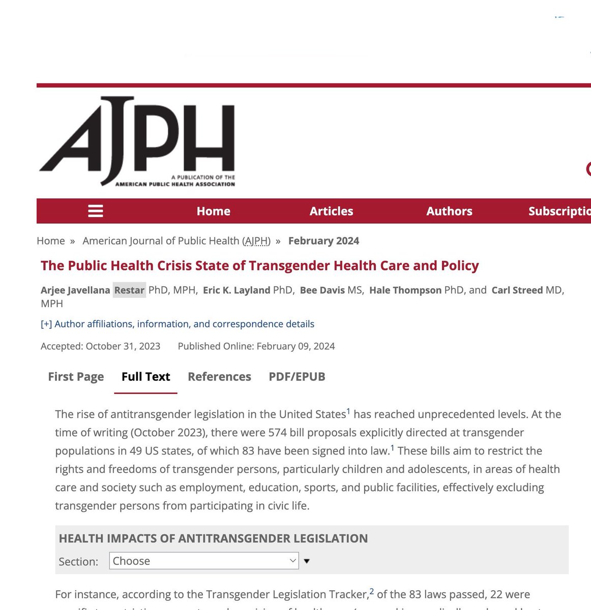 @AMJPublicHealth ran our editorial that maps survival/mortality, physical & mental health crisis of trans pops we are witnessing all over. This is what poor legislation contributes to when it restricts access to care, facilities, etc Thinking of Nex & so many youth impacted.