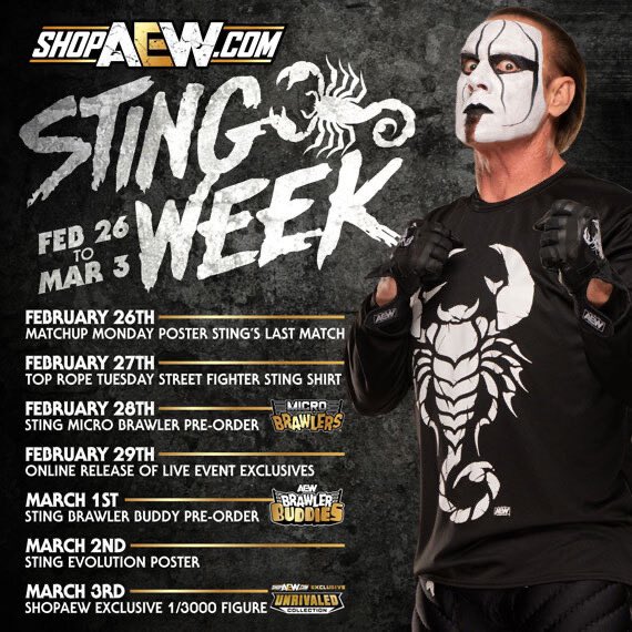 PWTees's tweet photo. It’s show time! New Sting item everyday this week, including Sunday. Welcome to Sting Week 

 🦂: https://t.co/ap8S1ZDaq5

#pwtees #prowrestlingtees #Sting #TheIconSting #ItsSting #StingWeek https://t.co/ocoGg5sRni