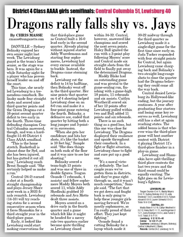LBG_GirlsBball's tweet photo. “Dragons rally falls shy vs. Jays” - by @docmasse @WmsptSunGazette
#District4Playoffs | #LBGMediaCoverage | #DragonProud | #GoDragons 🐉 https://t.co/PVI1lMUuK1