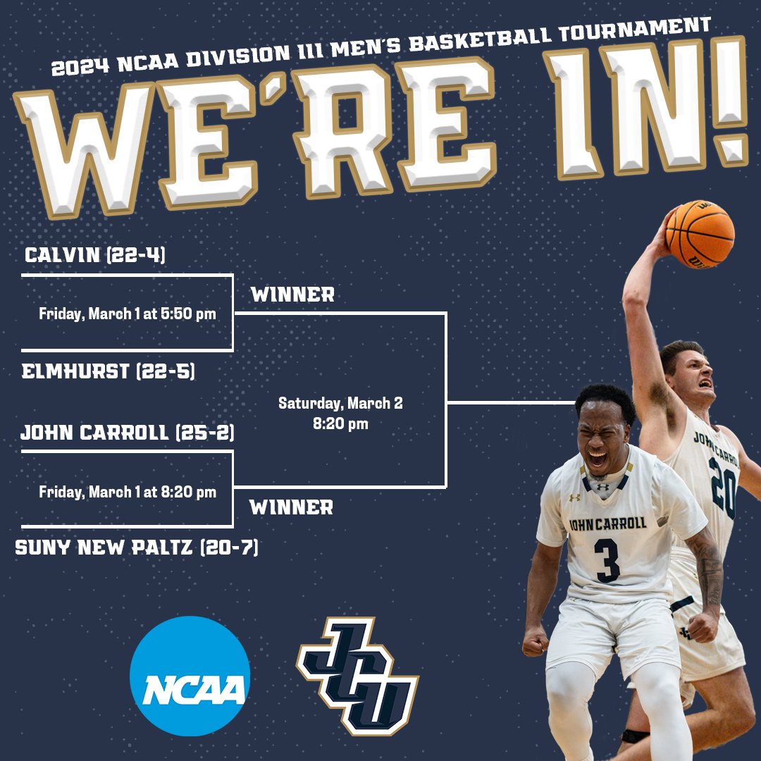 The Blue Streaks are going dancing!

More on JCU's tournament draw ⬇️
📰 jcusports.com/news/2024/2/26…
<a href="/JohnCarrollU/">John Carroll University</a> ⚡️<a href="/JCUMensHoops/">JCU Men's Basketball</a>