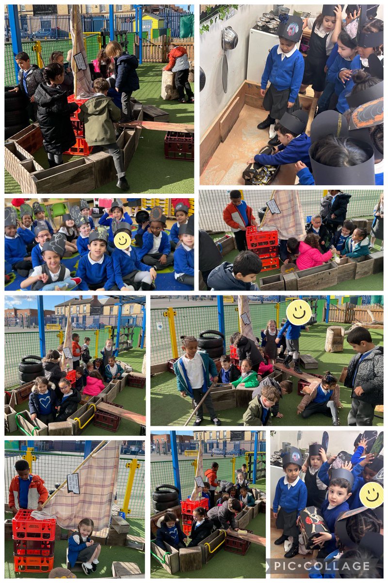 RAHStSilas's tweet photo. Today we found a mysterious sail and a map! We worked together to follow it and found… a treasure chest! I wonder what’s inside? 
All this talk of pirates inspired us to make a huge pirate ship and even our own hats! https://t.co/9jdqbBTJ3e