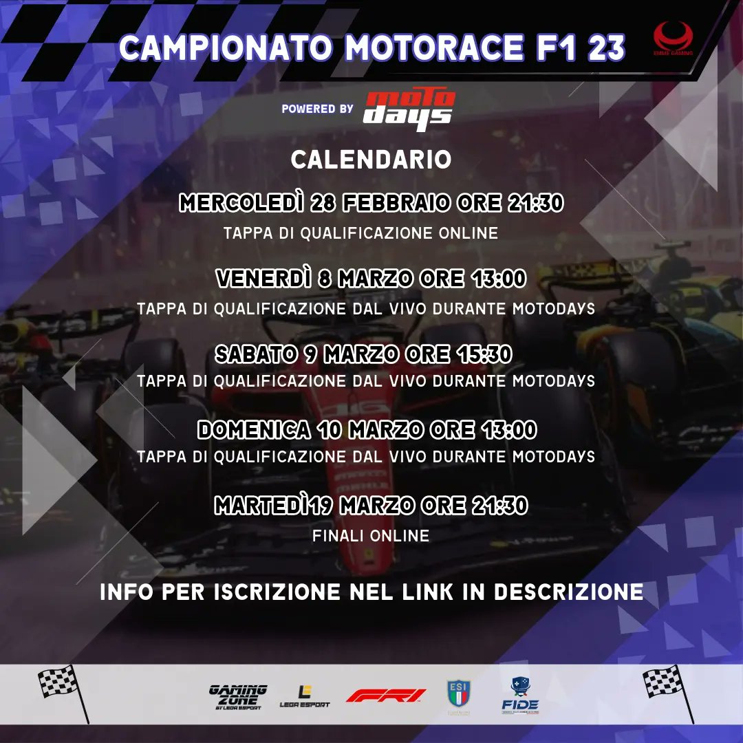#F123
iscrizioni aperte al "Campionato Motorace" con 2 tappe di qualificazioni online e 3 tappe live al MotoDays a #roma, fiera delle moto dall'8 al 10 marzo.
info, dettagli e regolamenti in DM.
#Motodays2024 #gaming #gamingexperience #videogiochi #console #consolegaming #gamer