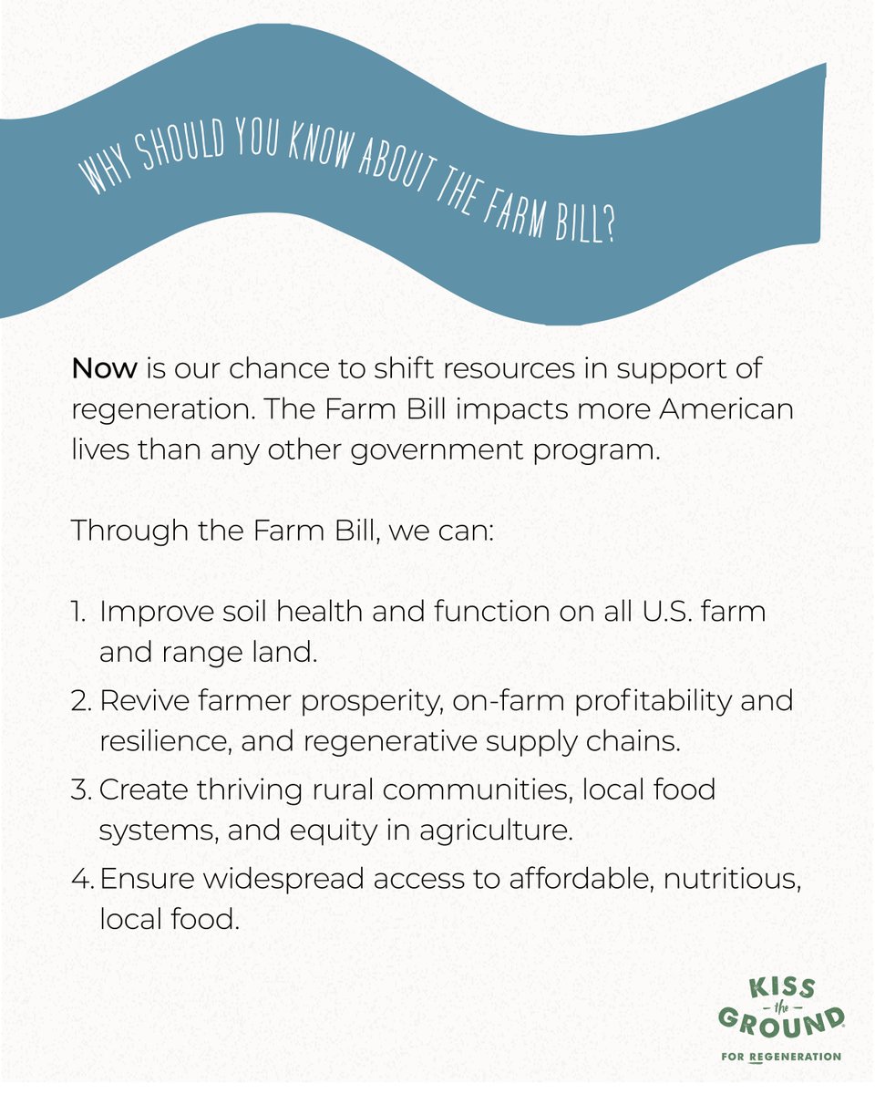 The Farm Bill impacts the lives of all Americans - but many of us know nothing about it! Swipe through for a quick explainer of what the Farm Bill is, and why it is so important for farmers and ranchers, the environment, and you.⁣ ✨ 🧑‍🌾 ⁣ Learn more: kisstheground.com/advocacy/