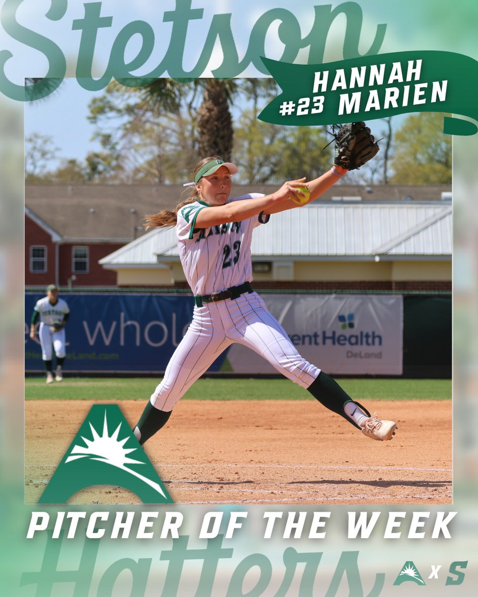 StetsonSoftball's tweet photo. Congratulations to Hannah Marien for earning ASUN Pitcher of the Week!

#GoHatters https://t.co/5p73M2u7VO