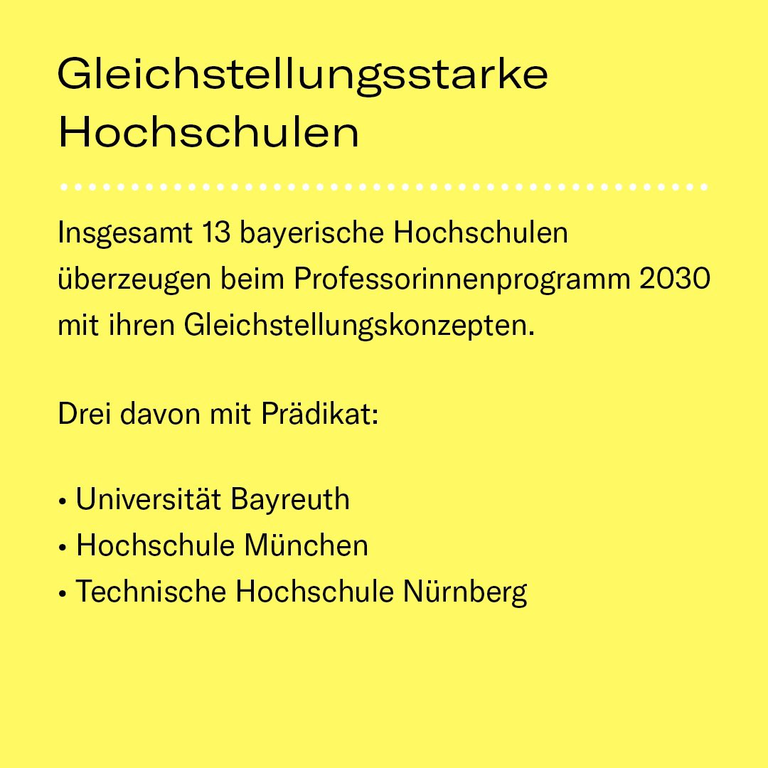 „Gleichstellungsstarke #Hochschule“: Seit heute tragen die @unibt, die @hmmuenchen und die @TH_Nuernberg dieses Prädikat.👏 Sie überzeugten in der 1. Auswahlrunde des Professorinnenprogramms 2030 der GWK mit ihren gleichstellungspolitischen Zielen und Maßnahmen.🤩 #Gleichstellung