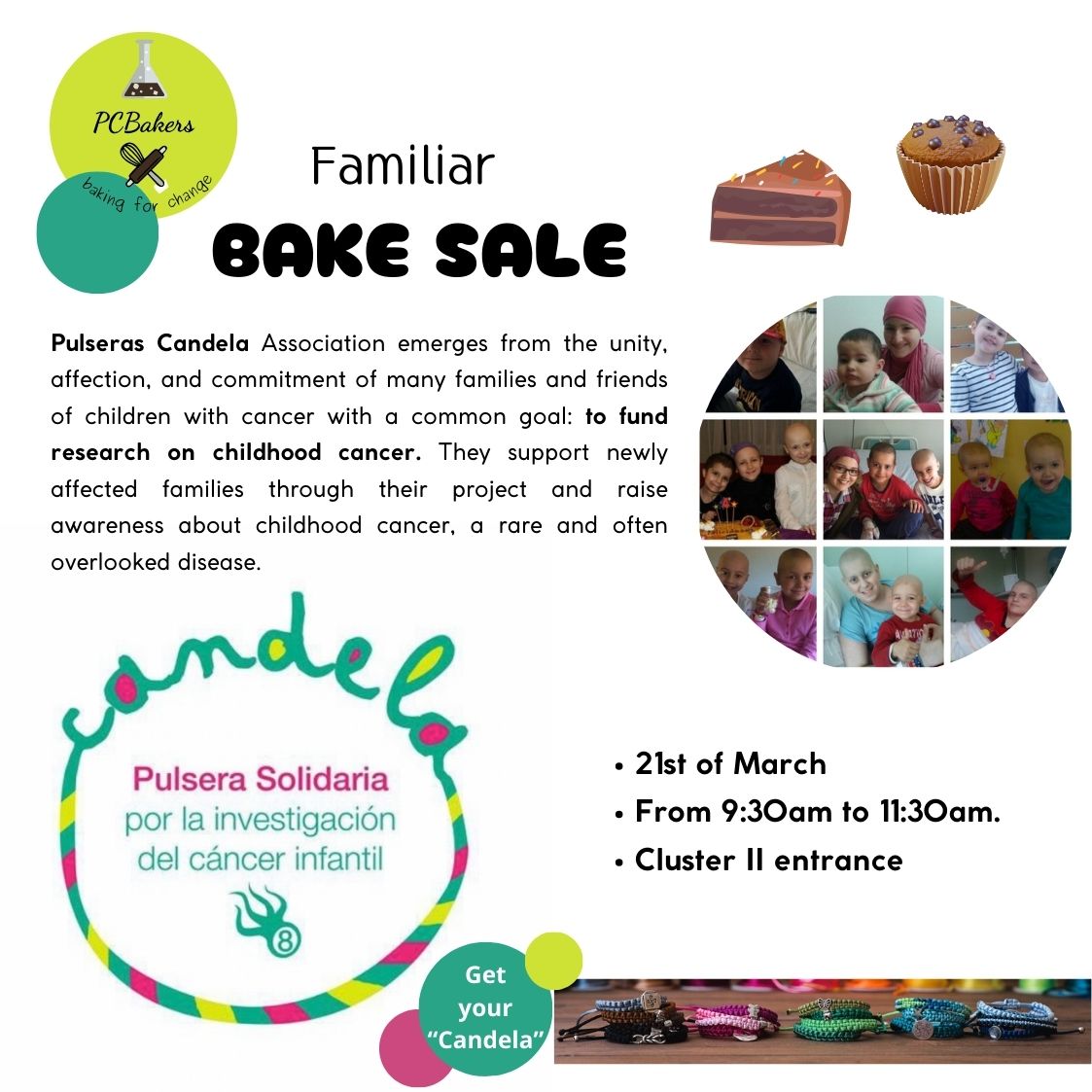 On March 21st we will be raising money for @pulserascandela8 
Their goal is to fund research on childhood cancer. You will be able to get their bracelets at the bakesale 🥳
Join us and support a great cause while you enjoy delicious homemade treats 🤗