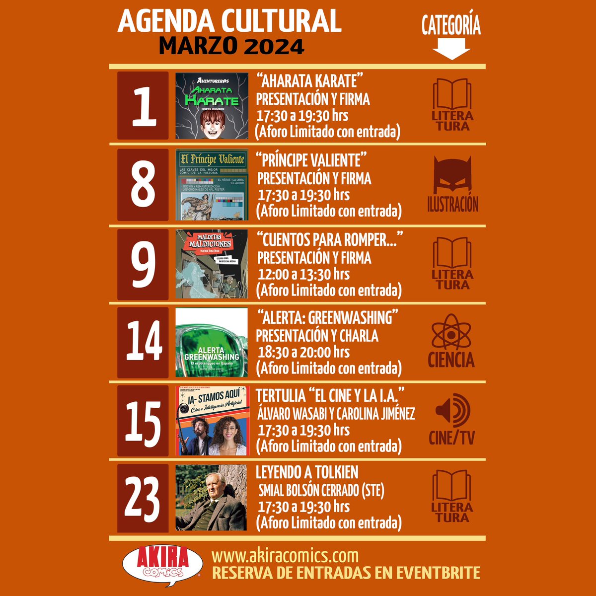 Akira_Comics's tweet photo. 📖 Agenda Cultural de Marzo📖

Os dejamos las distintas actividades programadas para este mes de Marzo en nuestro Salón de Actos.

📆 Recordad que son de entrada gratuita con aforo limitado y reserva en plataforma Eventbrite.

👉Podéis ver los detalles de cada uno, fechas y enlace para reservar entrada aquí:
https://t.co/X5DwdF02ti