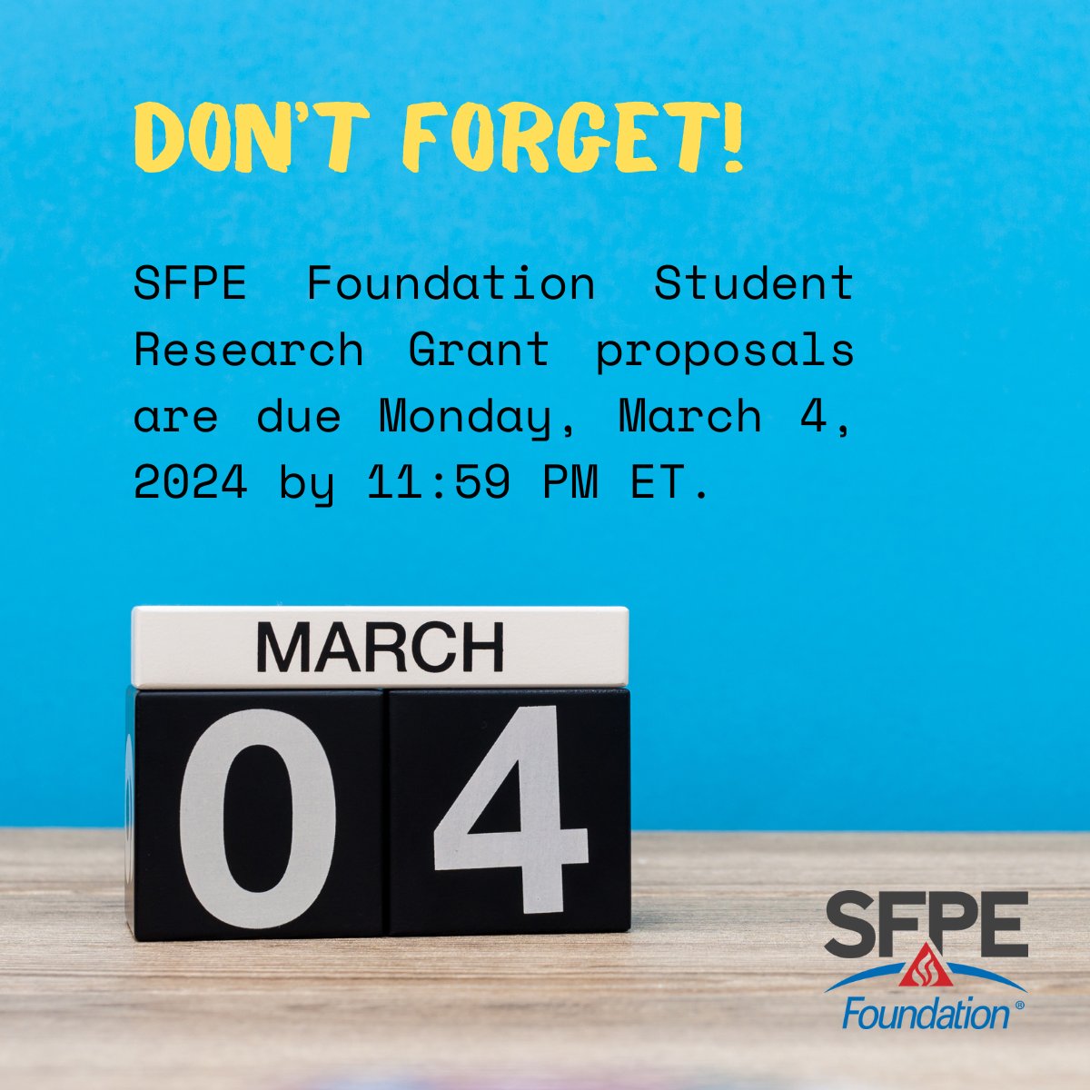 Spread the word: SFPE Foundation Student Research Grant proposals are due in one week! Get all of the details and submit your packet at ow.ly/Cf6V50Qy1UB