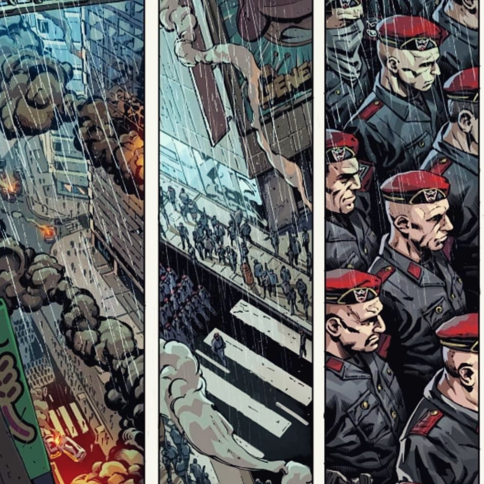 ExMakarov's tweet photo. A few panels from cyberpunk comic book DreadCore. Paramilitary soldiers under the rain 

 #cyberpunkcomic #dystopia #Dreadcore #comicsbook #comicartwork #comicwork #scificomics #paramilitares #corporations #cyberpunk #colorart  #artdaily https://t.co/L17D4ieZlv
