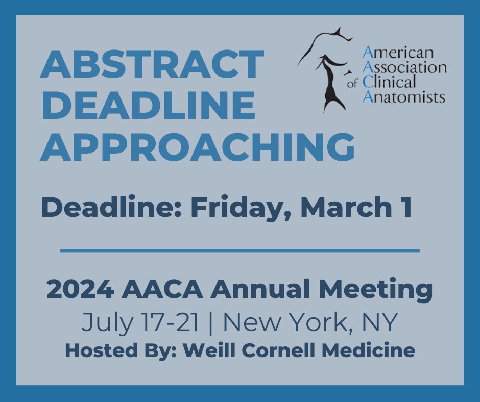 Reminder: Abstract submissions are due by Friday, March 1st! For additional details about abstracts and our Annual Meeting, kindly refer to this link
clinical-anatomy.org/Call_for_Abstr…
.