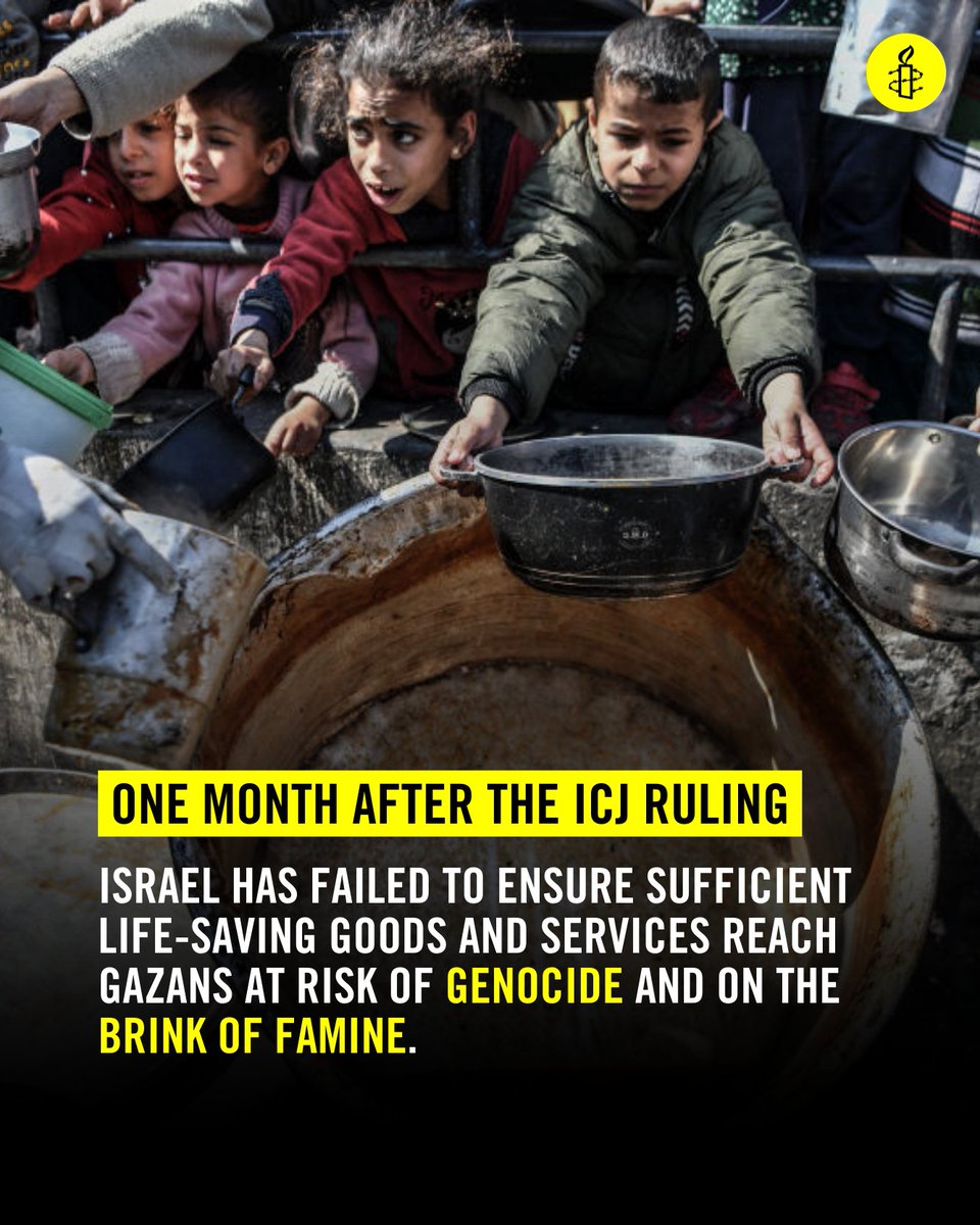 AmnestyMENA's tweet photo. One month after the ICJ ordered “immediate and effective measures” to protect Palestinians in occupied Gaza from the risk of genocide by ensuring sufficient humanitarian assistance and enabling basic services, Israel has failed to take even the bare minimum steps to comply👇 https://t.co/TD6SIAOYcM