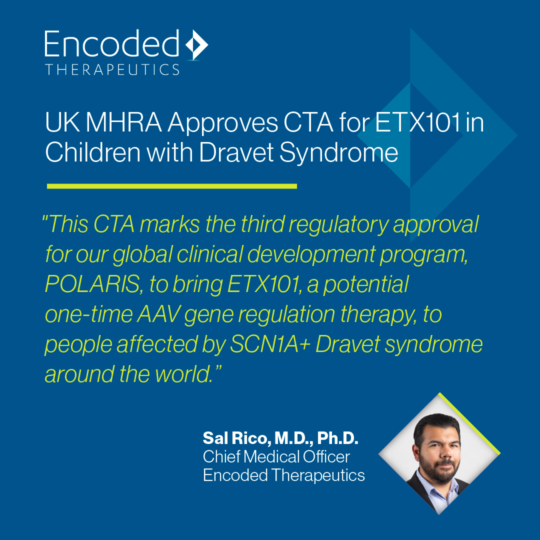 Encoded announces approval of UK CTA application for clinical study of gene therapy candidate ETX101 for Dravet syndrome. Phase 1/2 clinical trial in the UK is planned to begin in mid-2024. More:  ow.ly/hMVB50QHY2P
#GeneTherapy #DravetSyndrome #ETX101 #POLARIS #EXPEDITION