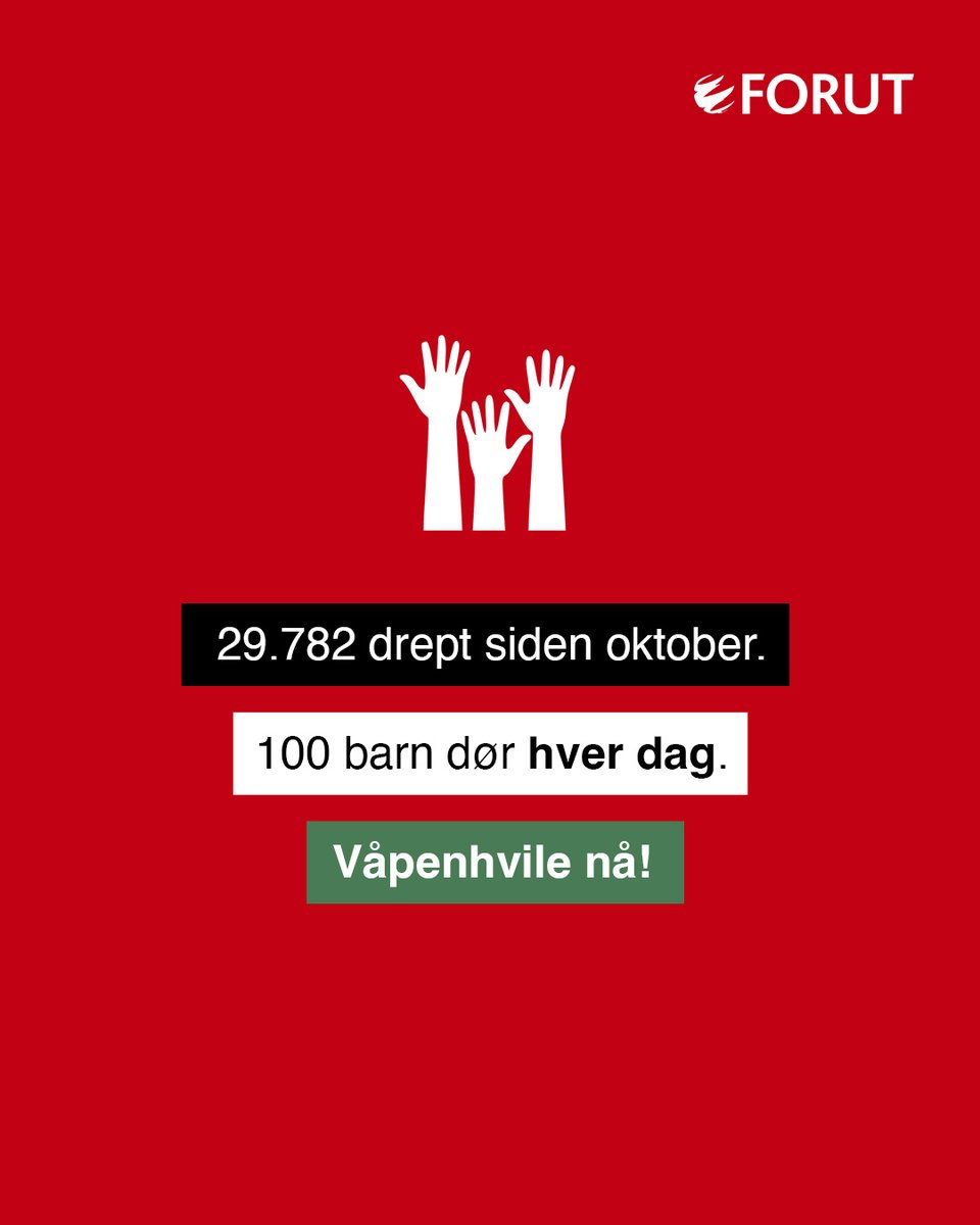 FORUT_No's tweet photo. ‼️ Det er så uendelig vondt å se på at sivile bombes, sultes og tørstes uten mulighet til å flykte. Sykehus, ambulanser og helsepersonell angripes. Barna rammes hardest. Vi krever våpenhvile nå!
💔 Ingen barn er trygge på Gazastripen. https://t.co/6xxvWBqe4N