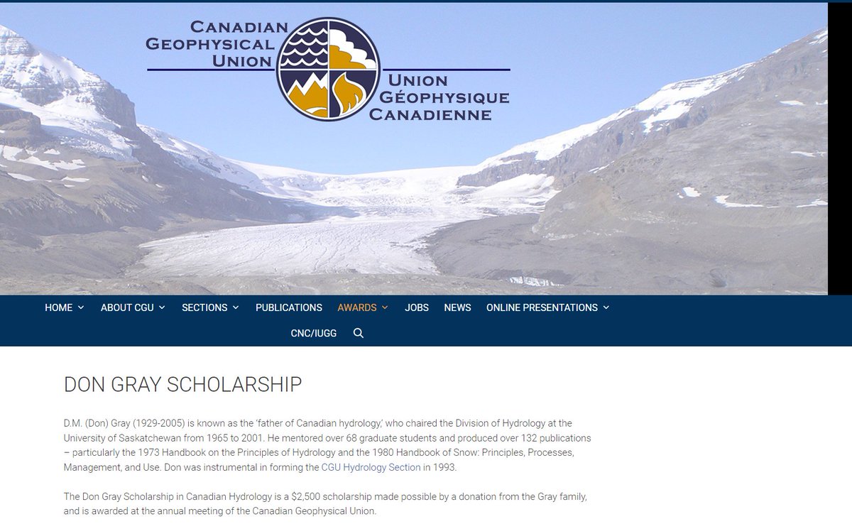 Reminder! The application for the Don Gray Scholarship ($2,500) is due Feb 29. The best student paper/poster submission ($1000) is due Apr 1. cgu-ugc.ca/awards/dongray/. cgu-ugc.ca/sections/hydro… for details. Qs can be directed to Élise Devoie (elise.devoie@queensu.ca). <a href="/CGU_UGC/">CGU</a>