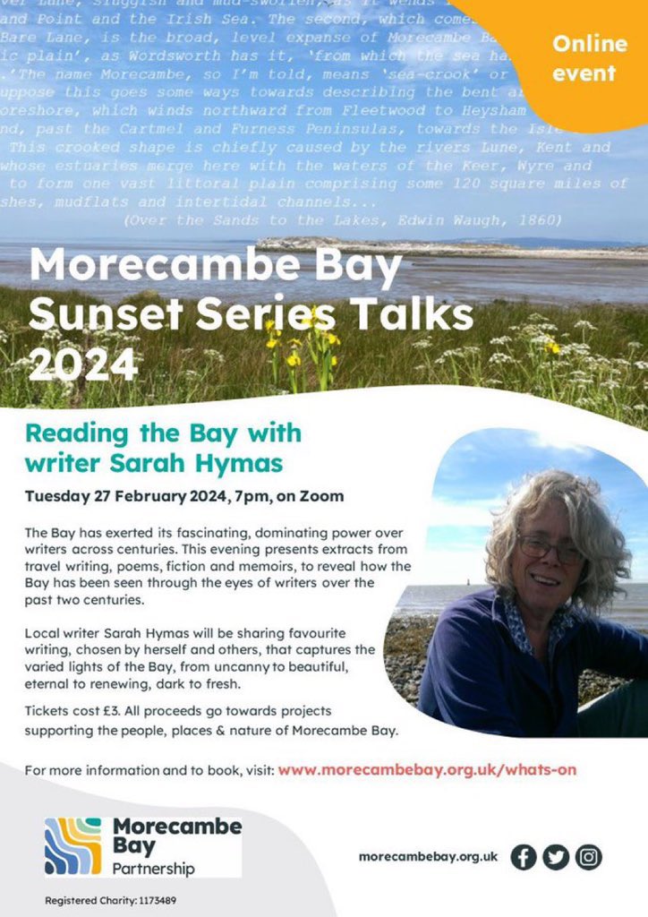 Reading the Bay with @sarahhymas - online event tomorrow evening (Tuesday, 27 February) celebrating the literary history of Morecambe Bay. Organised as part of @_MBay Sunset Series Talks morecambebay.org.uk/be-inspired/ne…