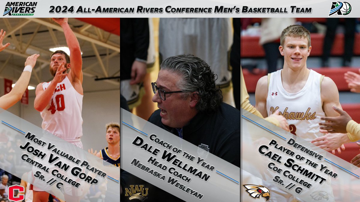 M🏀: 2023-24 Men's Basketball All-Conference Team Announced; <a href="/CentralDutch/">Central Dutch</a> Van Gorp, <a href="/CoeAthletics/">Coe Athletics</a> Schmitt, and <a href="/NWUSports/">Nebraska Wesleyan University Athletics</a> Wellman Headline This Year's Team!

#rollriversMBB | #d3hoops

📰: bit.ly/49oogDs
