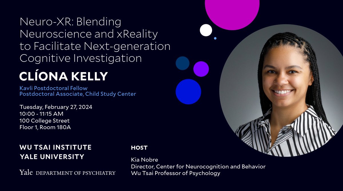 Looking forward to speaking at @WuTsaiYale @YalePsych tomorrow! I'll be discussing all things Neuro-XR - pop by if you're in the area 🥽🧠. #BlackInNeuro