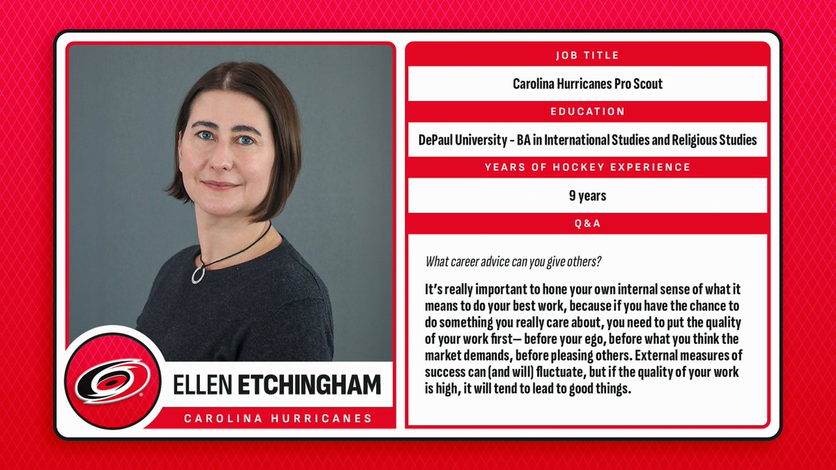 The NHL continues to celebrate Women in Hockey with a feature on Ellen Etchingham, who is a pro scout with the <a href="/Canes/">Carolina Hurricanes</a>.

Etchingham tracks players in other NHL teams’ systems to find out if they would be a good fit for Carolina's needs: nhl.com/news/women-in-…