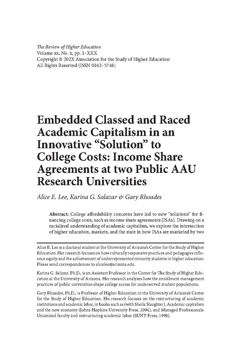 RHE_ASHE's tweet photo. Just dropped! An ahead of print by @UAZEducation PhD student @AliceEunjung &amp; Drs. @karinaGsalazar &amp; @garyrhoades, "Embedded Classed and Raced Academic Capitalism in an Innovative 'Solution' to College Costs." Read this new #RHE article: https://t.co/OZaUkZLfqH https://t.co/p07UTGuwdA
