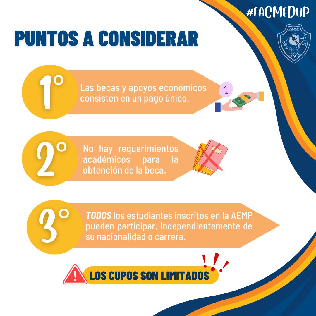 ✏BECAS AEMP - I SEMESTRE 2024📚

La Secretaría de Asuntos Estudiantiles de la AEMP les comunica que se abren las convocatorias las Becas AEMP para este I Semestre 2024 📚🤩

Si quieres aplicar a las Becas AEMP, llena el formulario que estaremos publicando en nuestras historias