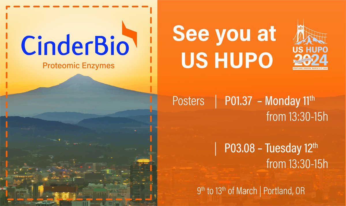 <a href="/CinderBio/">Cinder Biological (@cinderbio.bsky.social)</a> will see you in Portland for US HUPO 2024! Please come chat with <a href="/yannone_steve/">Steve Yannone</a> (P1.37) and @KreimerSimion (P3.08) about the latest work with our enzymes Krakatoa &amp; Vesuvius for #TeamMassSpec! See you soon...
#proteomics #massspec