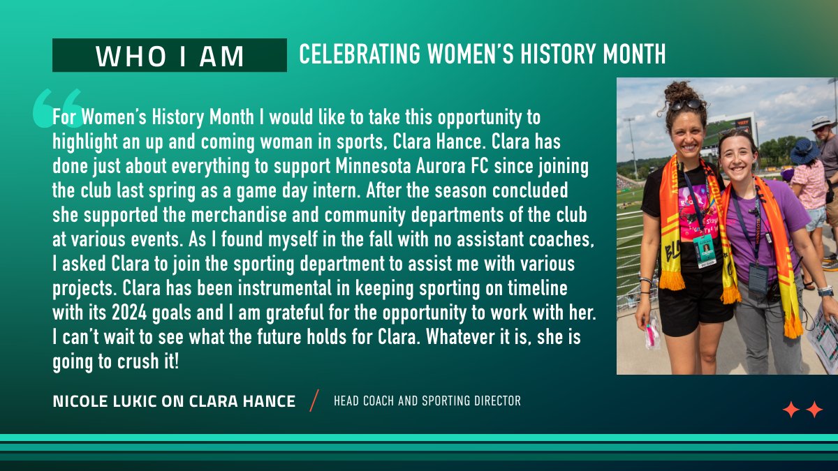 Celebrating Women's History Month 💫 Meet Clara Hance. Head Coach and Sporting Director Nicole Lukic shines light on Clara for her hard work at Minnesota Aurora FC!