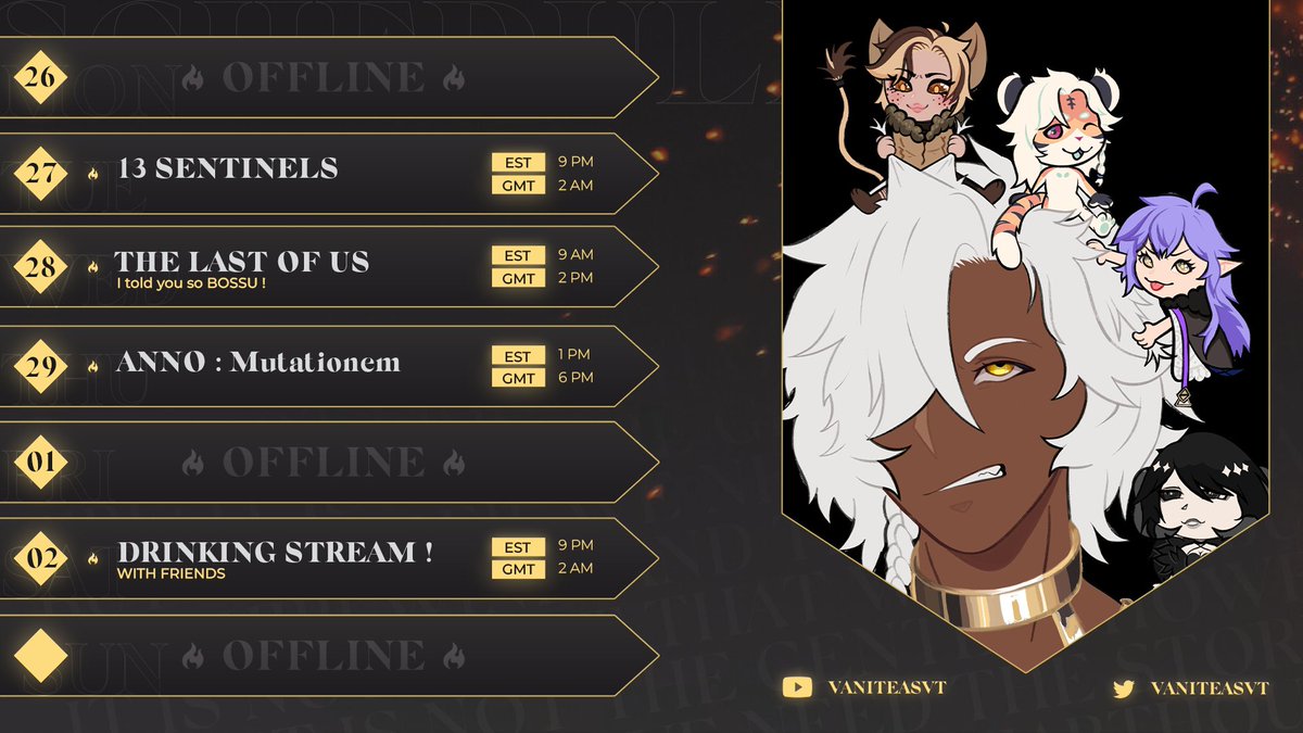 VaniteasVT's tweet photo. A VANI SCHEDULE ???😱😱
(Also keep your eyes peeled for off the clock Wuthering Waves streams...Best MC NA🔥🔥)
Live:#EmberVision
Art:#Vanarts
YOU:#PyroManiacs https://t.co/U6llU95Nl2