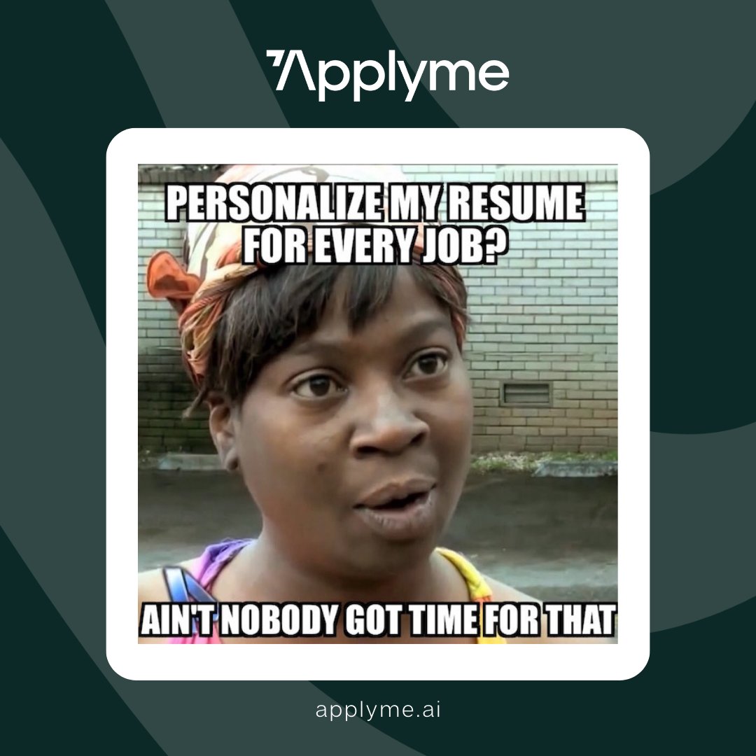 ApplymeAI's tweet photo. Personalize my resume for every job? 

Ain't nobody got time for that. 🤷♂️📄

With Applyme AI, it's as easy as a few clicks! 🚀✨ 

Let the AI magic do the heavy lifting while you focus on landing your dream job. 💼💫 

#ApplymeAI #careers https://t.co/guyTyFHXxz
