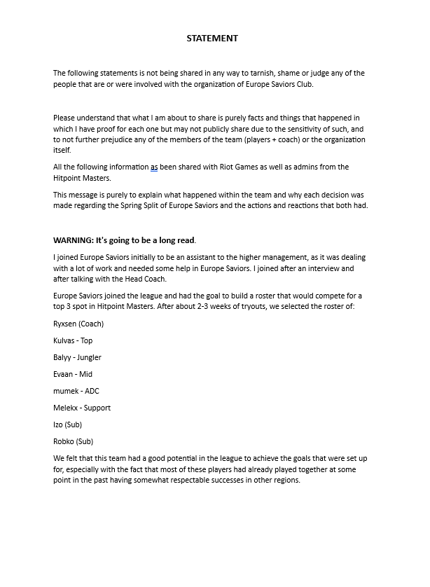 Roma__R24's tweet photo. Statement regarding Europe Saviors

The following statement is not being shared in any way to tarnish, shame or judge any of the people that are or were involved with the organization of Europe Saviors Club.

I would like for everyone to read this and come to their own conclusions.

These are just facts.

Thank you for reading it all.

The team just wanted to play.