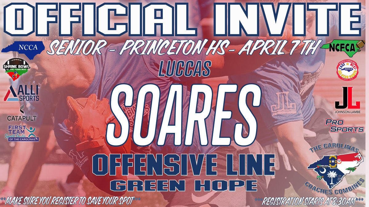 Carolinas Coaches Combine (@coachescombines) on Twitter photo Congratulations on being selected to the Carolinas Coaches Combines Senior Event (2025s) at Princeton HS! See you on April 7 at 8:30am!
Check your email to register!
#CarolinasCoaches24 <a href="/JohnsonLambe/">Johnson Lambe Sporting Goods</a>
<a href="/_Luccas_Soares/">Luccas Soares</a> @falconcoacht Congratulations on being selected to the Carolinas Coaches Combines Senior Event (2025s) at Princeton HS! See you on April 7 at 8:30am!
Check your email to register!
#CarolinasCoaches24 <a href="/JohnsonLambe/">Johnson Lambe Sporting Goods</a>
<a href="/_Luccas_Soares/">Luccas Soares</a> @falconcoacht