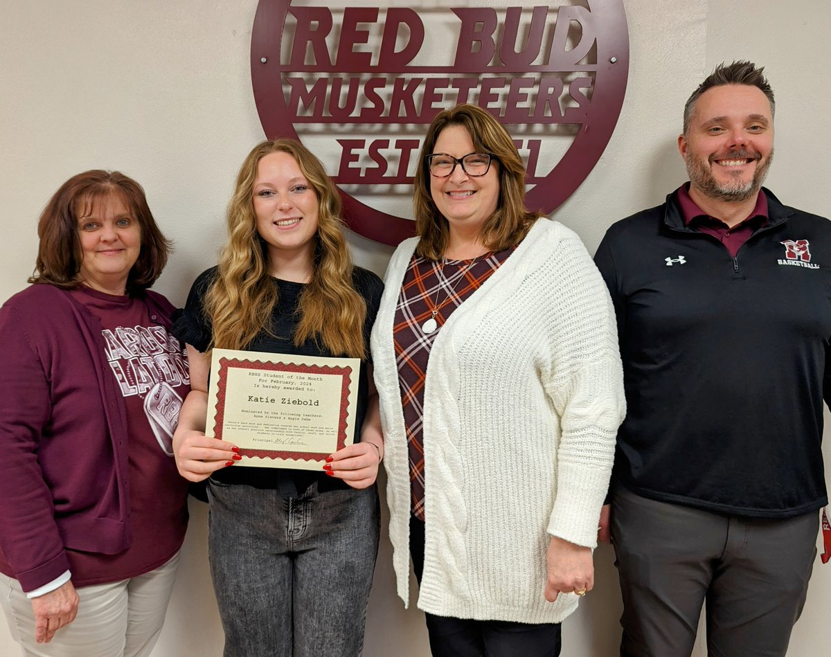 Congrats to our Student of the Month Katie Ziebold! Katie was nominated by Ms. Dahm &amp; Ms. Sievers. Katie epitomizes kindness, respect, &amp; dependability. Thanks to the Lions Club for supporting our Musketeers.
#redbud132