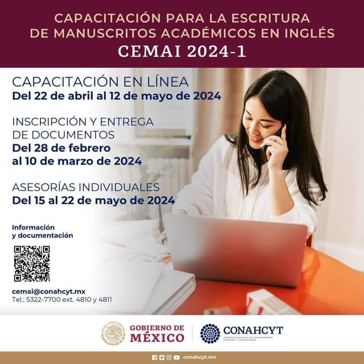 ipnmcit's tweet photo. El @Conahcyt_Mex invita a estudiantes o egresados de licenciatura o posgrado a participar en el proceso de selección para cursar la Capacitación en línea para la Escritura de Manuscritos Académicos en Inglés. #CEMAI 2024-1 ✍️ 📄
Más información ➡️ https://t.co/FnW4Q4S6Cp https://t.co/tE4U4QLb0s