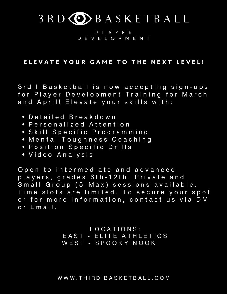 It’s time to work on your skills and take your game to the next level with 3rd I Basketball! Reserve your spot today for March and April, sessions are filling up fast! #3rdibasketball #Courtlife