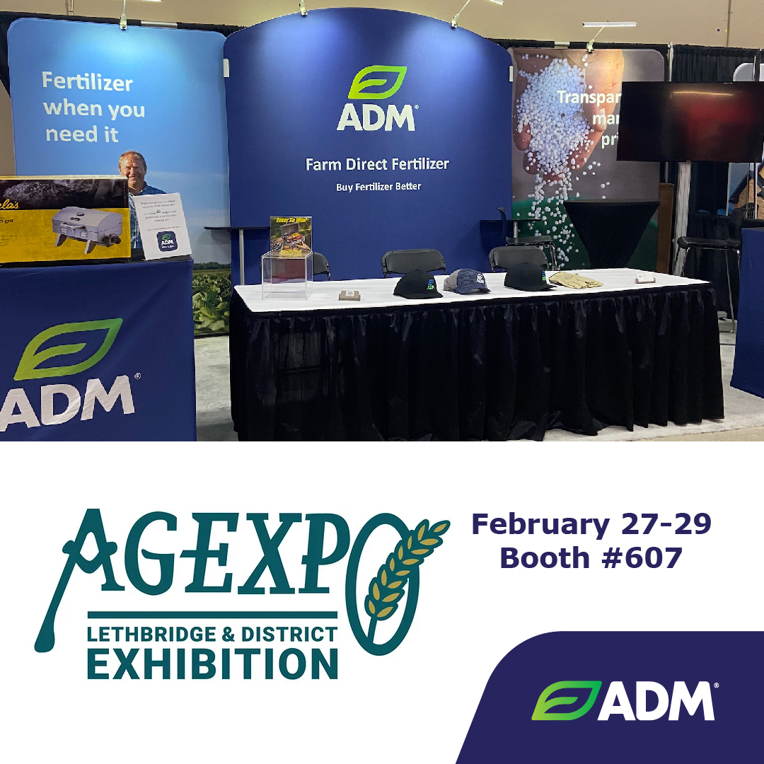 ADM_Farm_Direct's tweet photo. ADM Fertilizer will be attending the @AgExpo in Lethbridge, Alberta, at the @YQLagrifoodhub from February 27-29. Come visit with ADM Territory reps in booth #607 to to learn more about the benefits of ADM Farm Direct Fertilizer!

#AgExpo #YQL #ABAG https://t.co/Gifb0D76zA