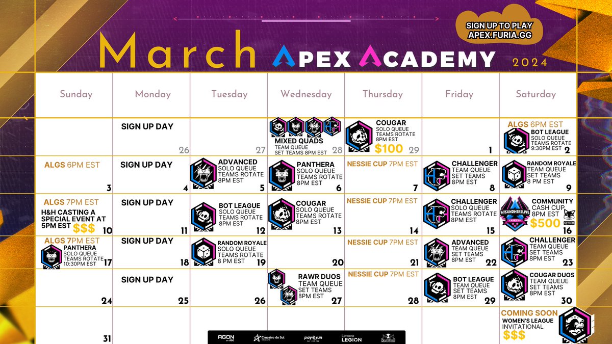 HisandHersLive's tweet photo. Dear Apex Enjoyers,
Here is the @FURIA_USA Apex Academy March calendar. Anyone can compete in these events. We do this for you!!!

If you enjoy @PlayApex we hope you can stop by or participate as we pour our heart and soul into hosting these events for the community. 

Thank you for supporting us.
<3 Andrew & Juka