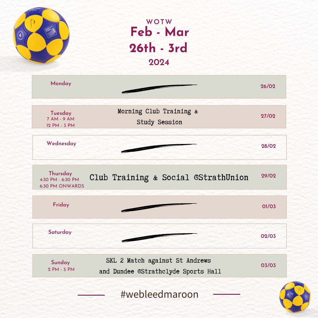 ✨What’s On This Week at Strathclyde Uni Korfball Club!✨

We have quite a relaxing week with our morning training tomorrow followed by a chill study session at a cafe.

We have our home match this Sunday from 2pm-5pm, please come along to support if you have time!